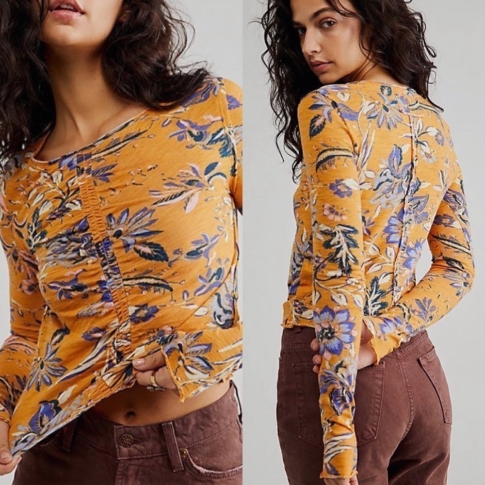 NWT Free People Dreamed Of You Cinched Floral Long Sleeve Top in Honey Combo